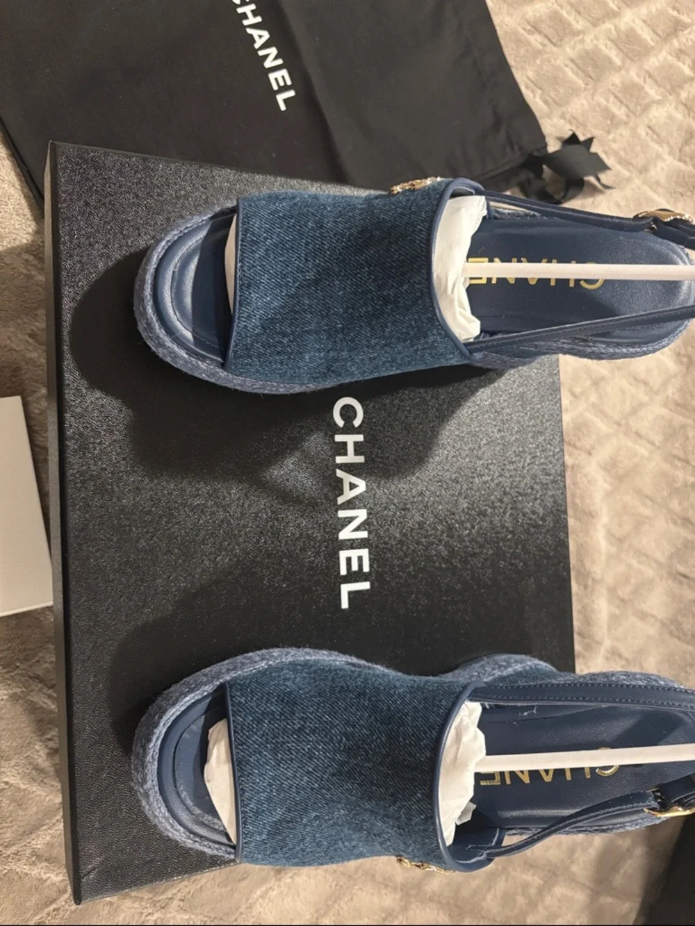 CHANEL Denim Navy Open-Toe CC Logo Wedge Sandals - Picture 3 of 3
